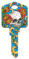 AI1 - Skull & Roses Achilles Ink, Skull and Roses, painted, licensed house key blanks